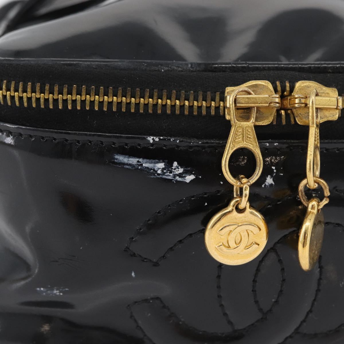 CHANEL Vanity Cosmetic Pouch Patent leather Black CC Auth yb378