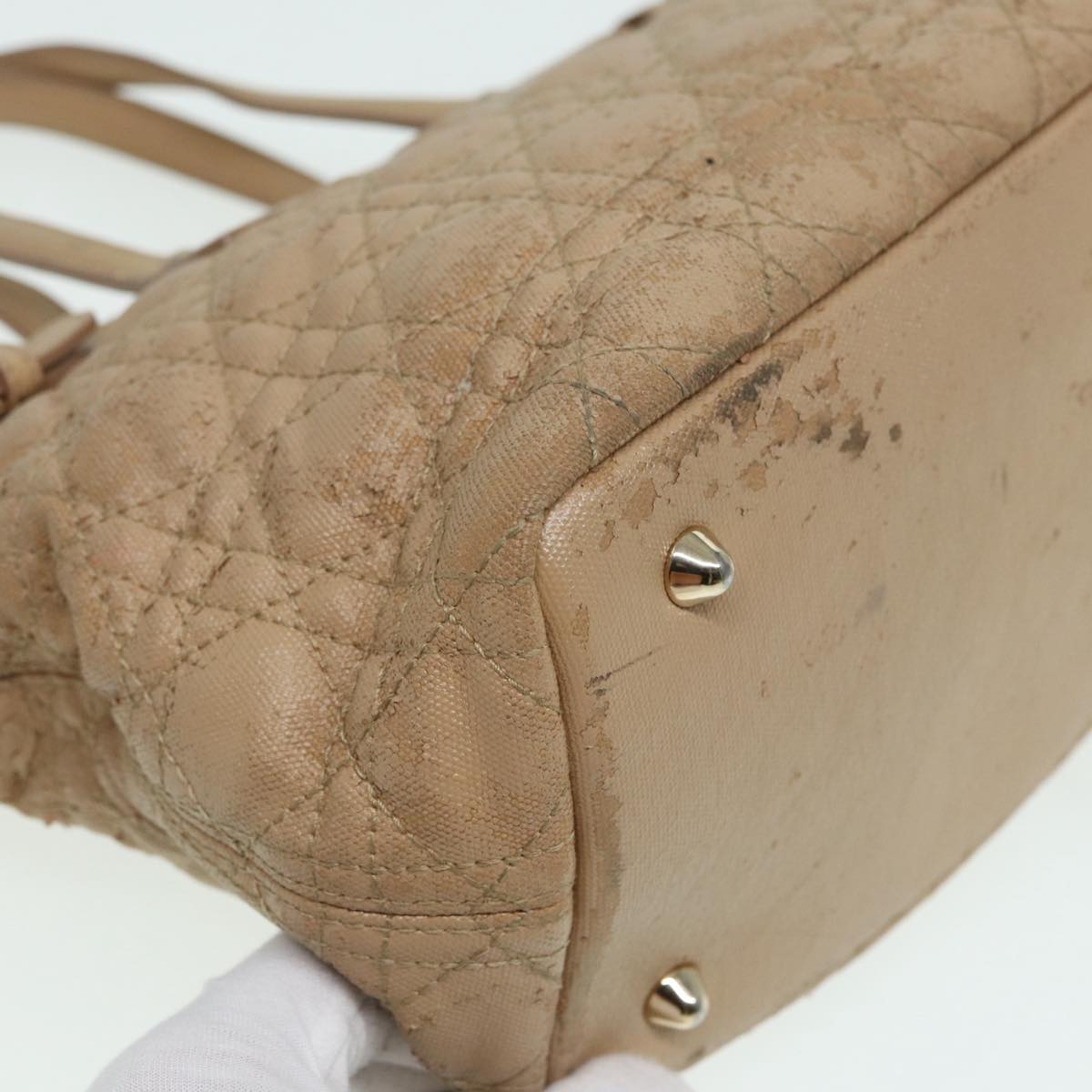 Christian Dior Lady Dior Canage Hand Bag Coated Canvas Cream Vanilla Auth yb647