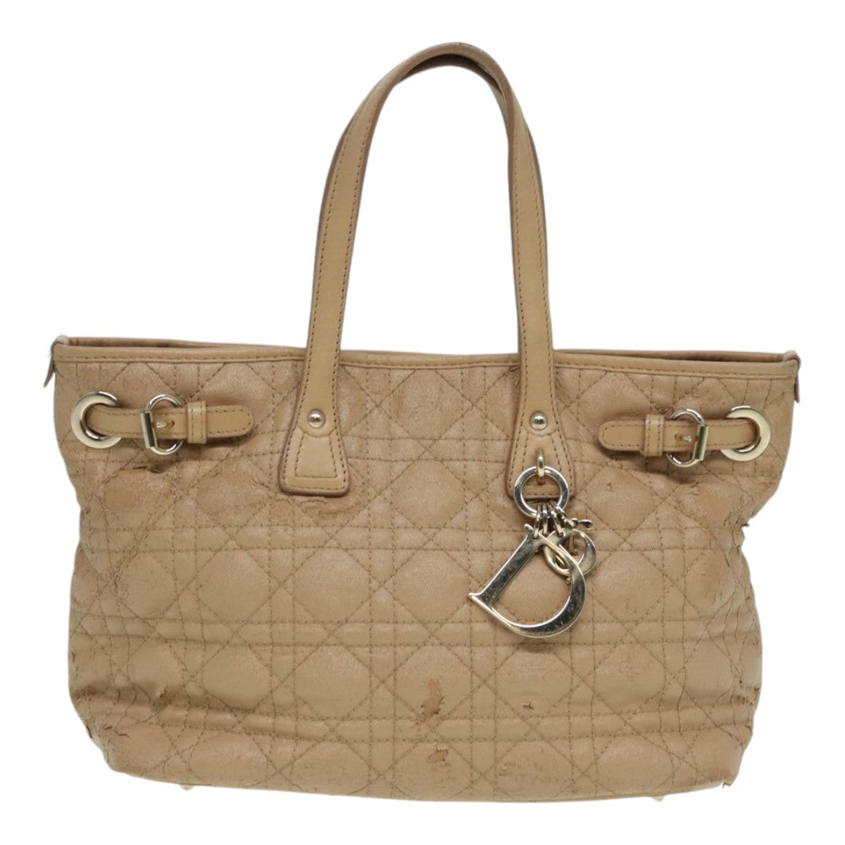 Christian Dior Lady Dior Canage Hand Bag Coated Canvas Cream Vanilla Auth yb647