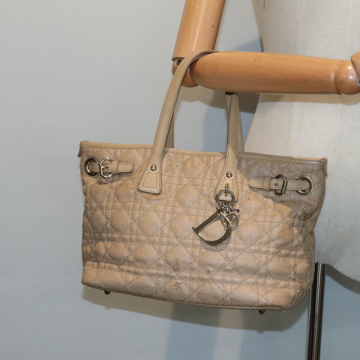 Christian Dior Lady Dior Canage Hand Bag Coated Canvas Cream Vanilla Auth yb647
