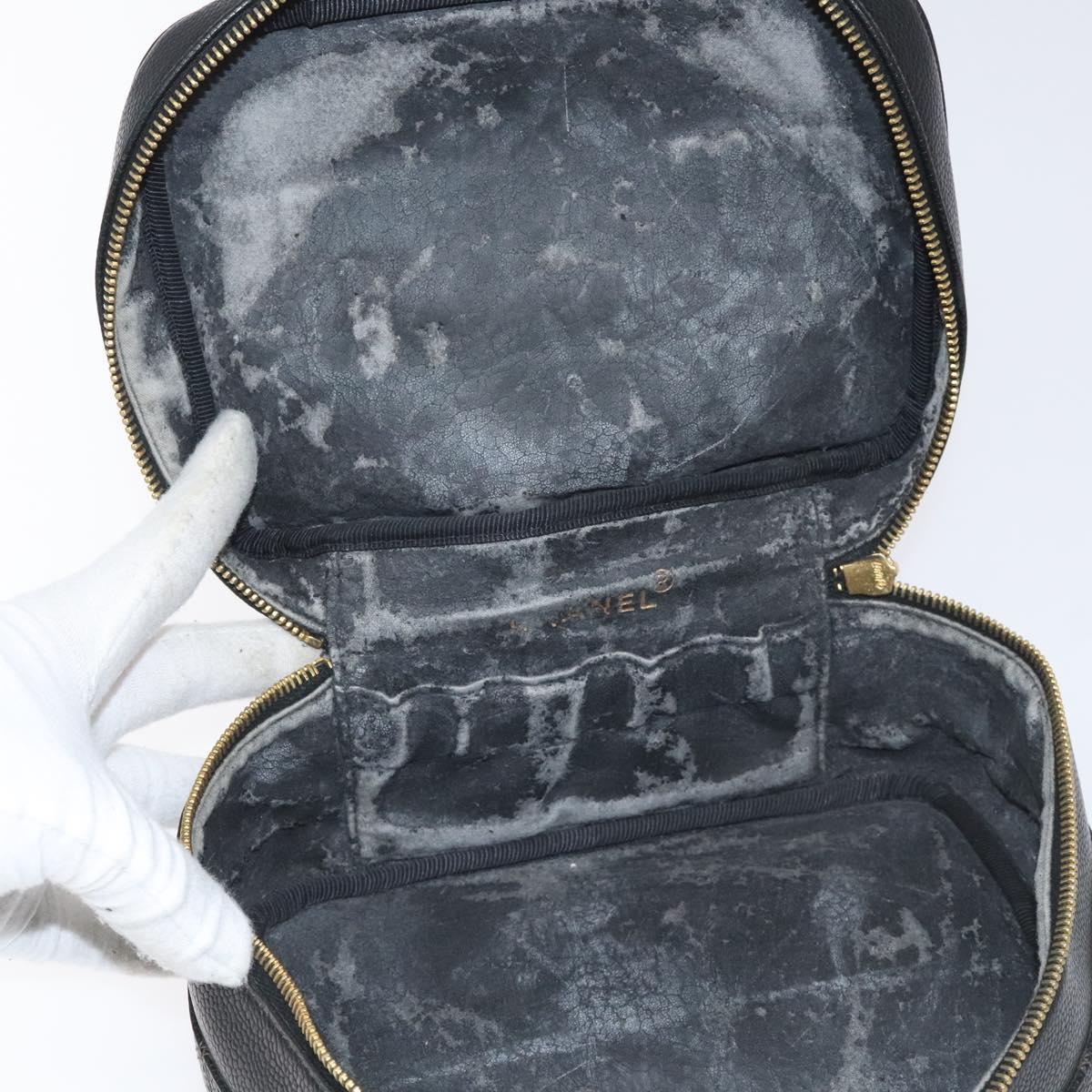 CHANEL Bicolore Vanity Hand Bag Caviar Skin Black CC Auth yb789