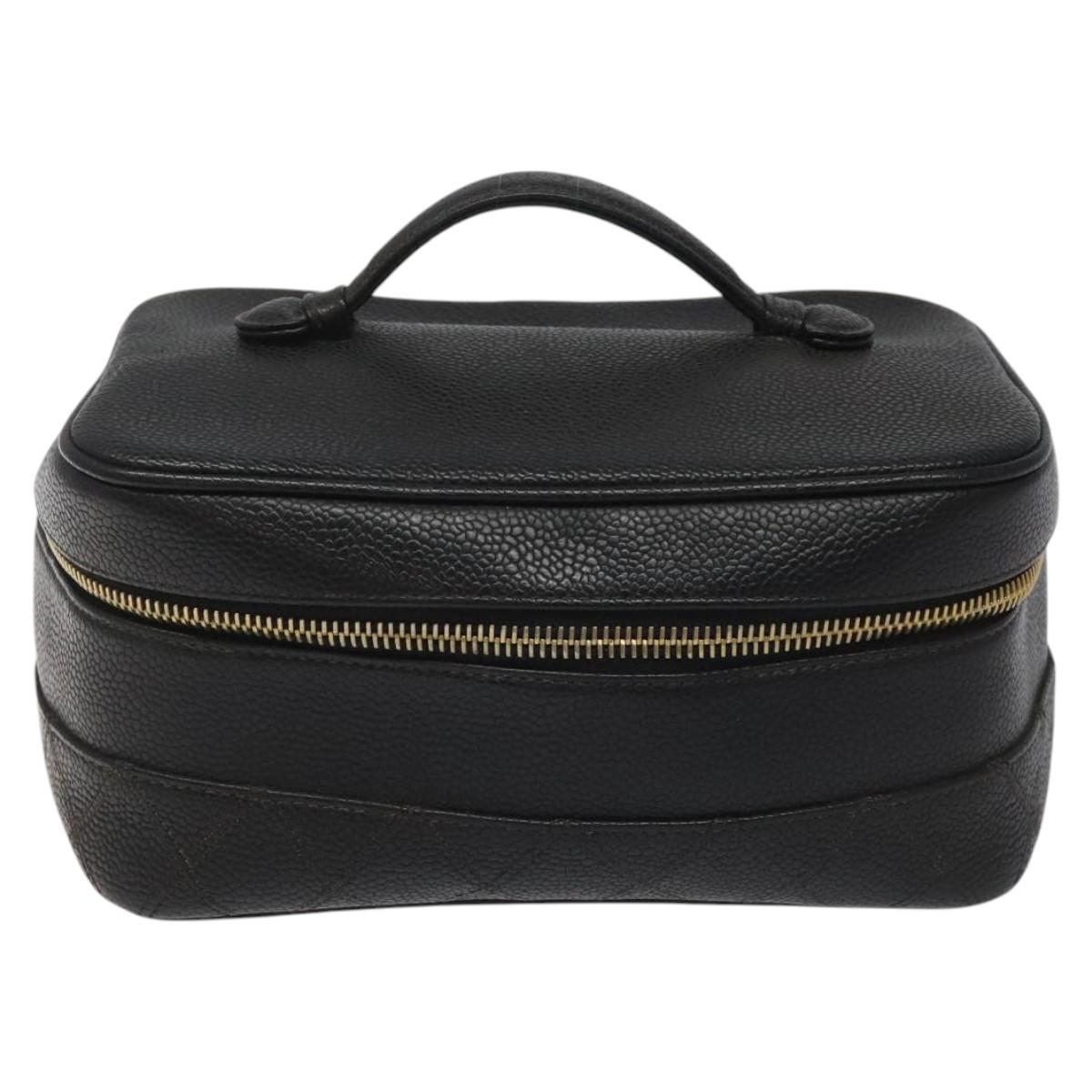 CHANEL Bicolore Vanity Hand Bag Caviar Skin Black CC Auth yb789