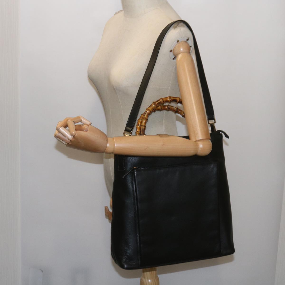GUCCI Bamboo Hand Bag Leather 2way Black 002 1956 0506 Auth yk10898