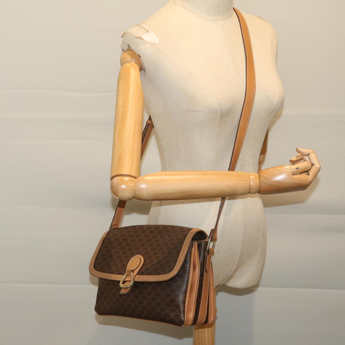 CELINE Macadam Canvas Shoulder Bag PVC Leather Brown Auth yk11104