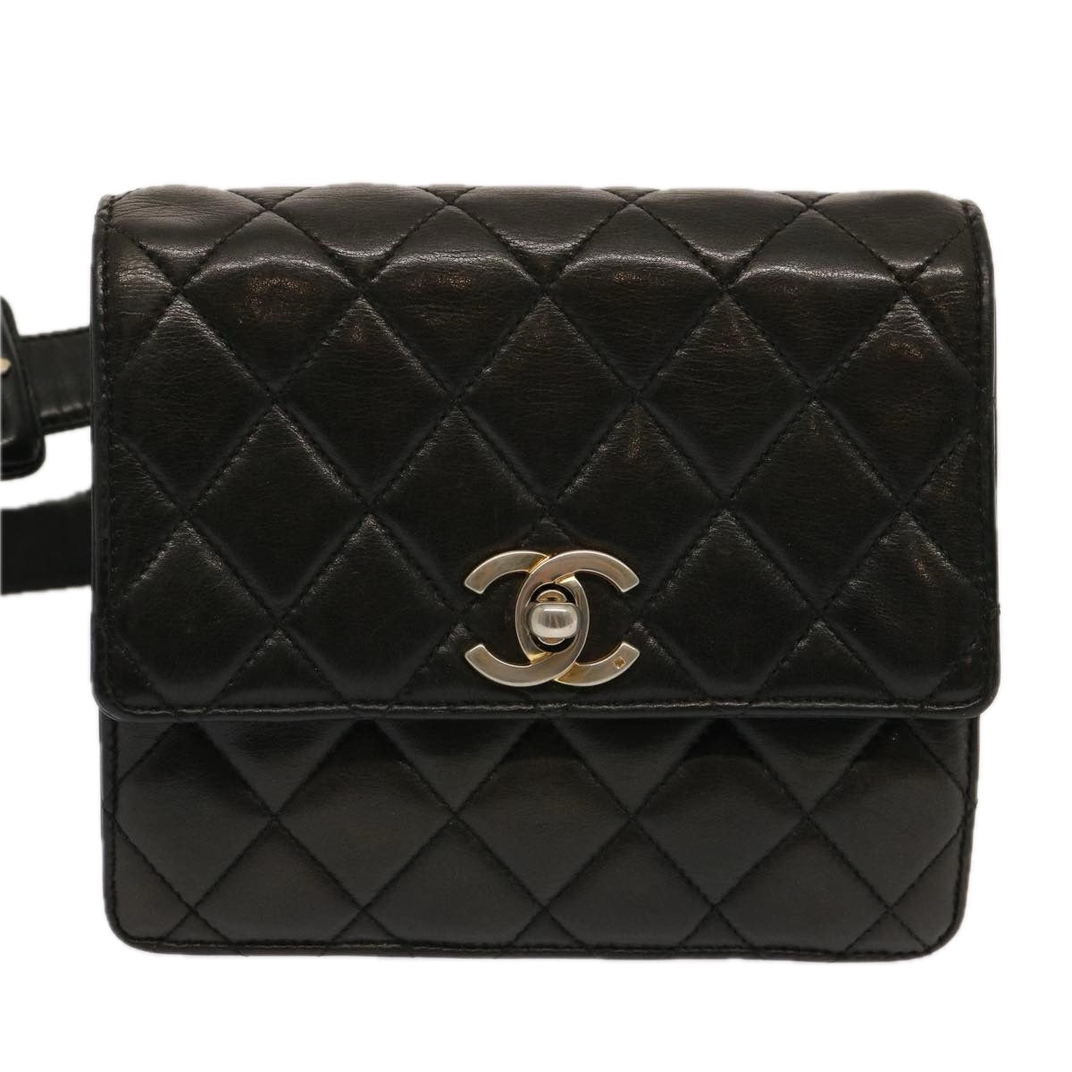 CHANEL Matelasse Turn Lock Waist bag Lamb Skin Black CC Auth yk11590