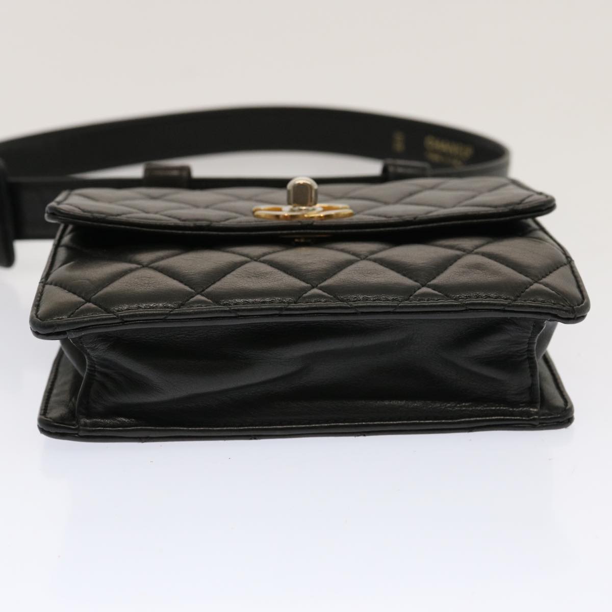 CHANEL Matelasse Turn Lock Waist bag Lamb Skin Black CC Auth yk11590