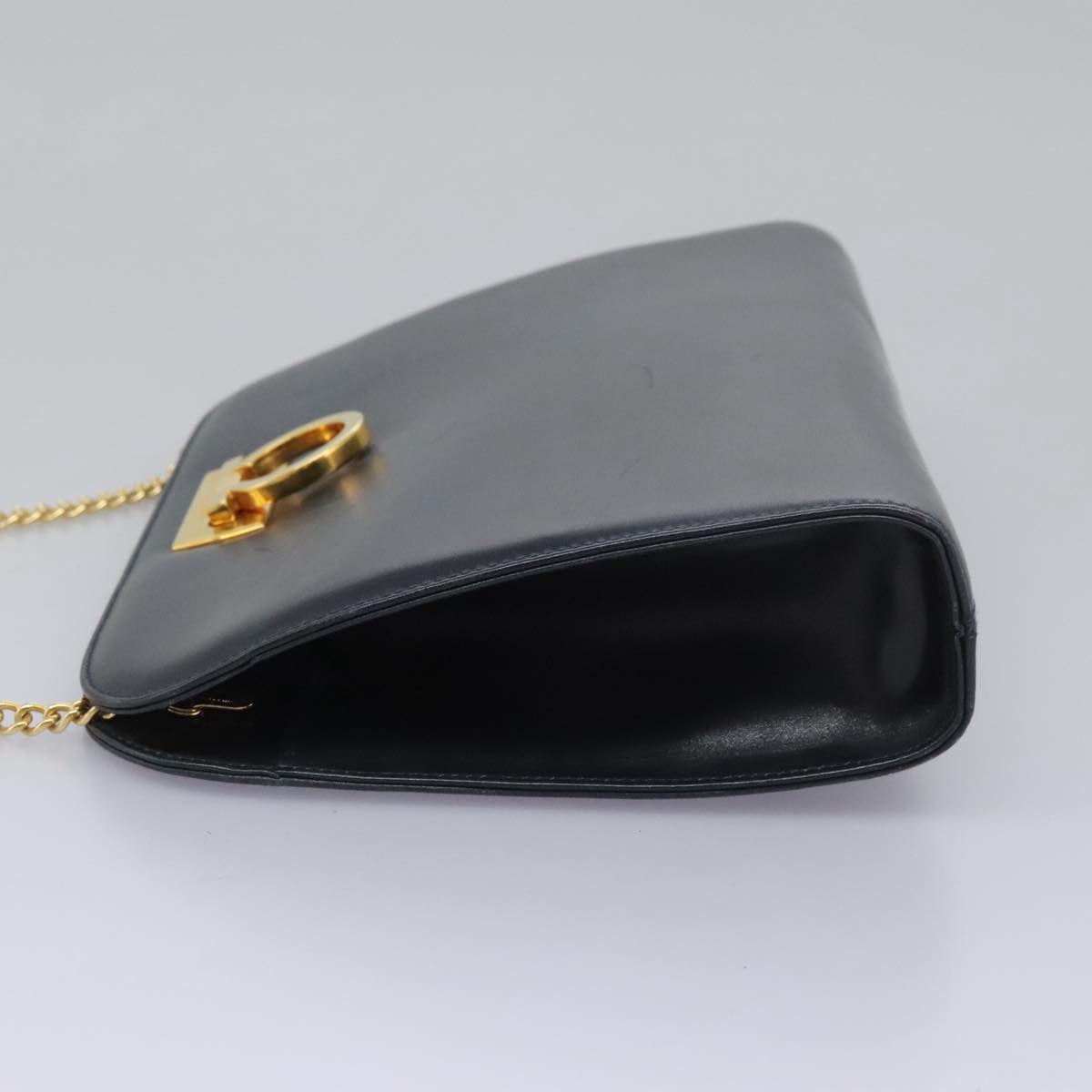 Salvatore Ferragamo Gancini Chain Shoulder Bag Leather Navy Auth yk12007
