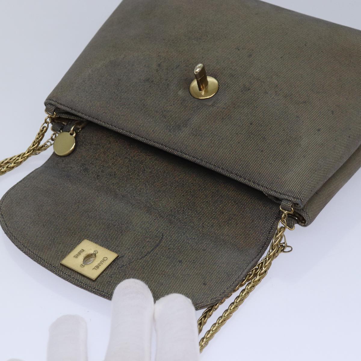 CHANEL Turn Lock Chain Hand Bag Suede Gold Tone CC Auth yk13693