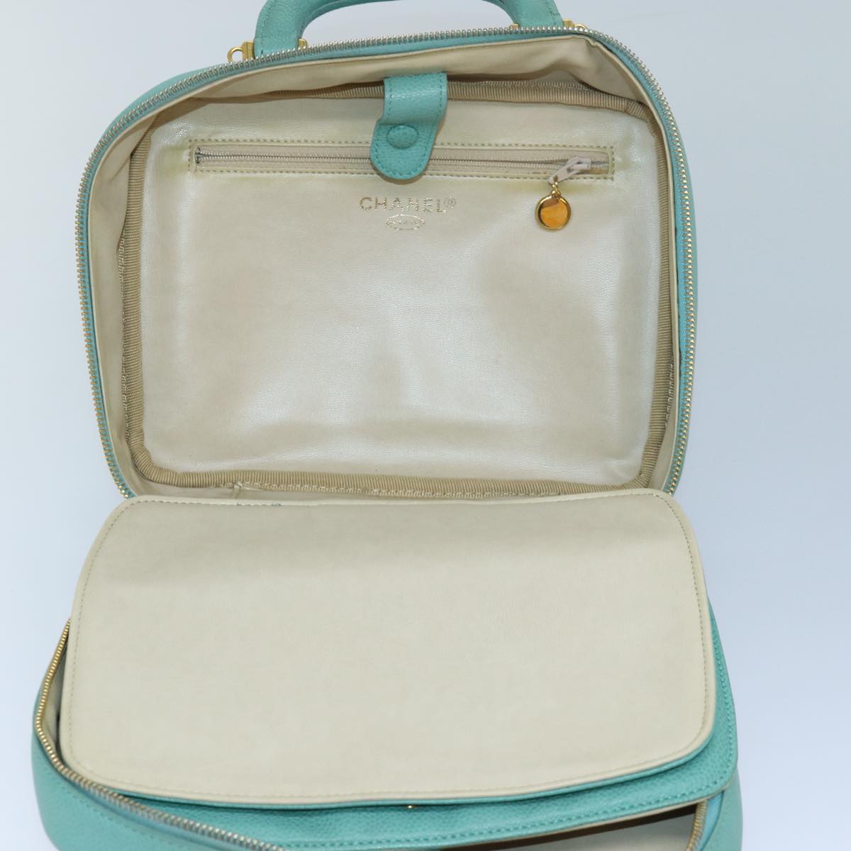 CHANEL Vanity COCO Mark Hand Bag Calf Skin Emerald Green CC Auth yk13974AV