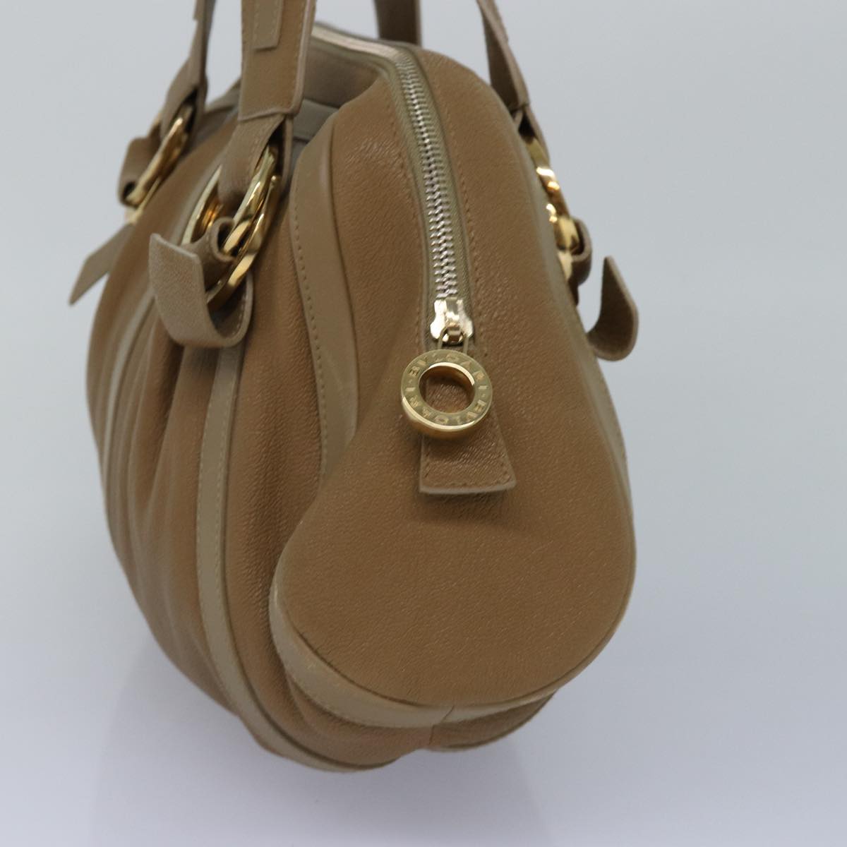 BVLGARI Hand Bag Leather Beige Gold Auth yk14360