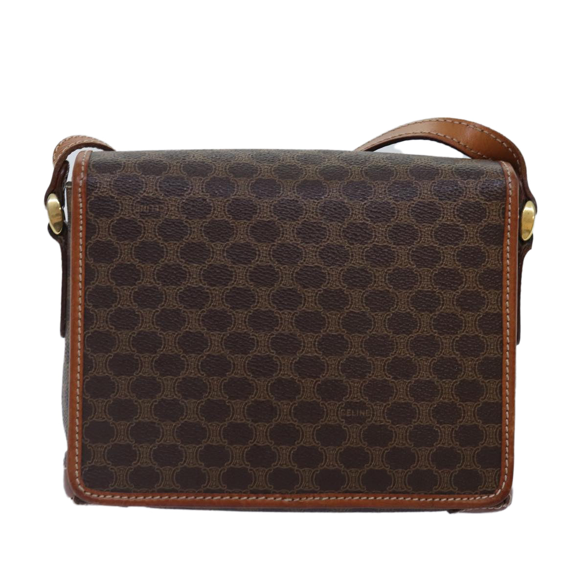 CELINE Macadam Canvas Shoulder Bag PVC Leather Brown Gold Auth yk14568