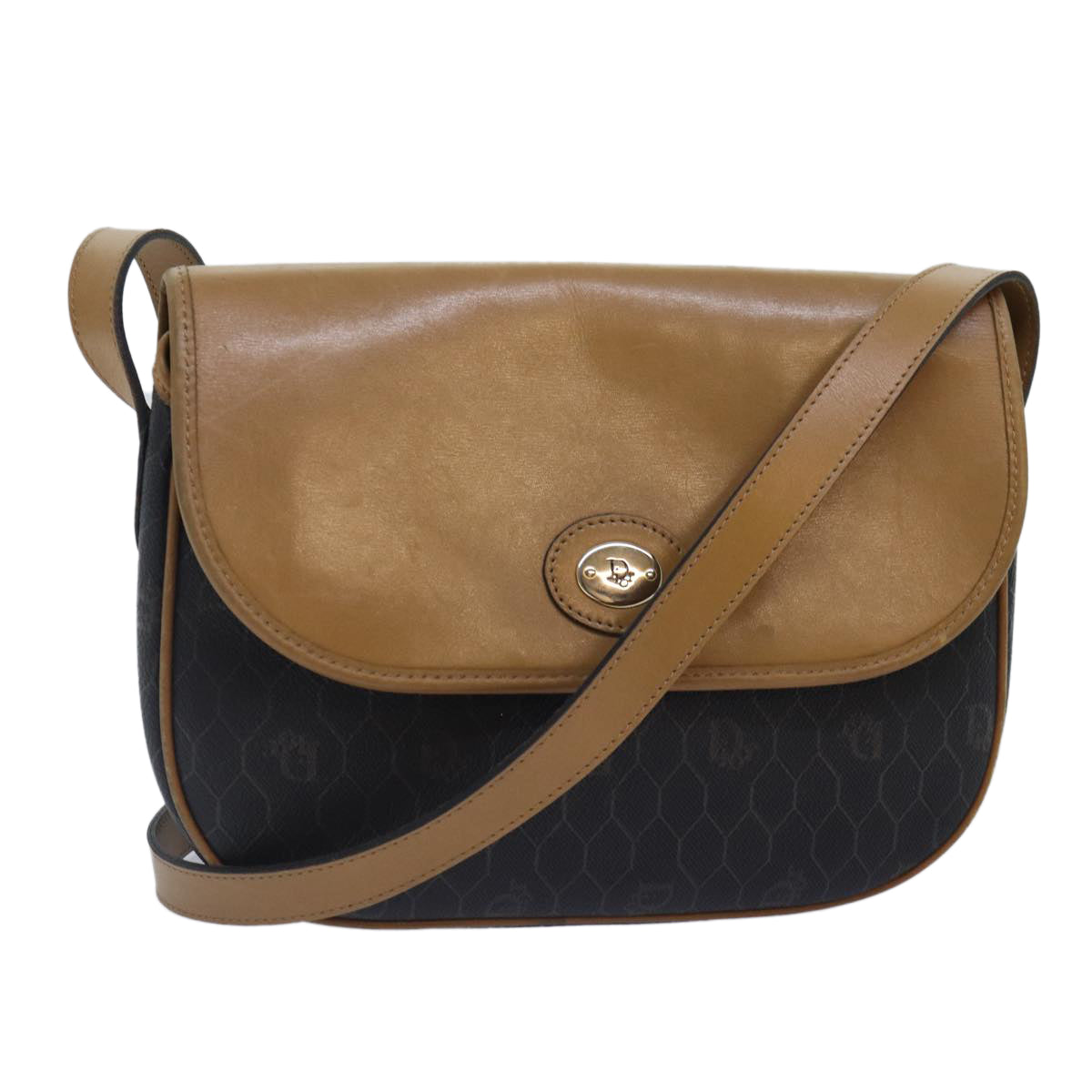 Christian Dior Honeycomb Canvas Shoulder Bag PVC Leather Black Gold Auth yk14590