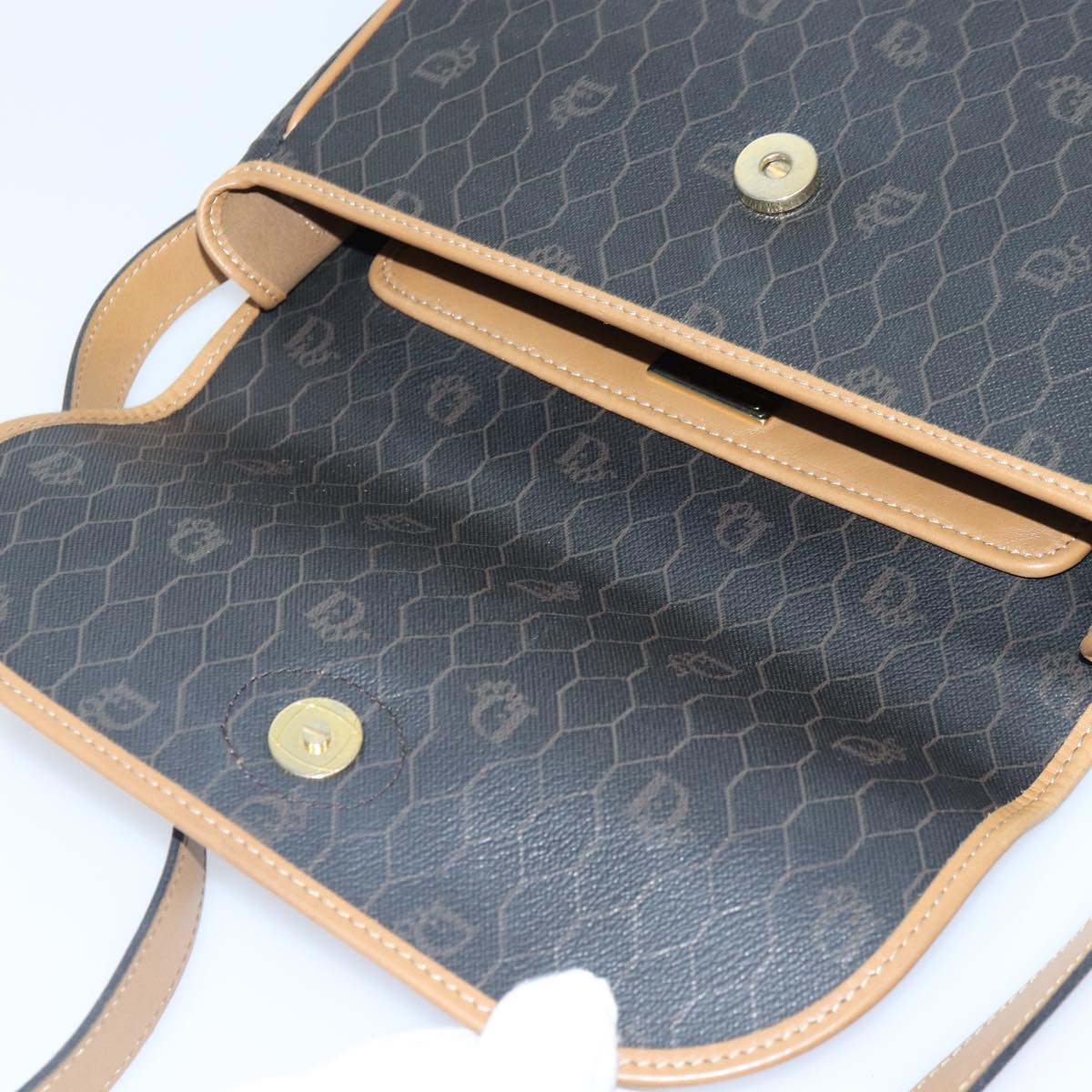 Christian Dior Honeycomb Canvas Shoulder Bag PVC Leather Black Gold Auth yk14590