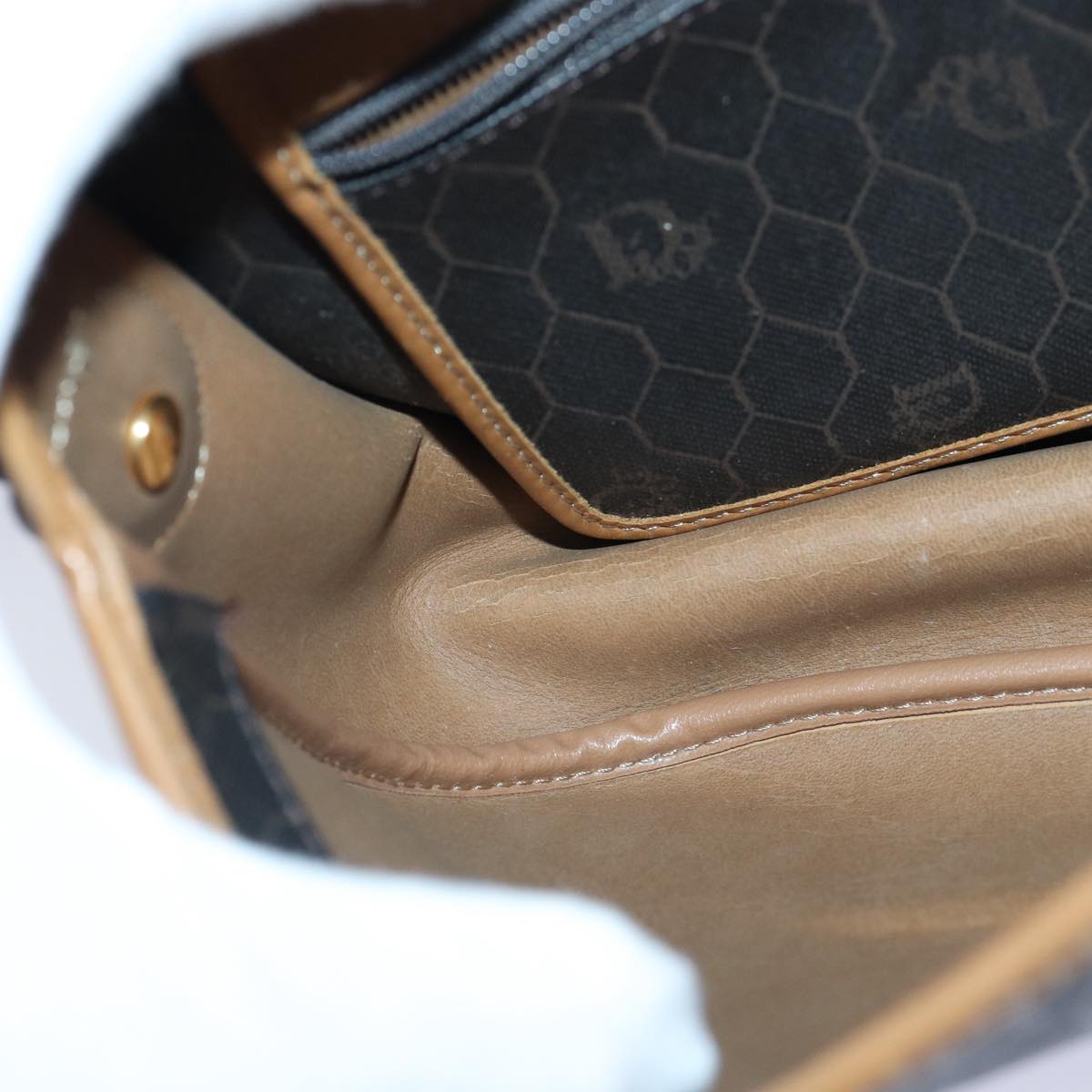 Christian Dior Honeycomb Canvas Shoulder Bag PVC Leather Black Gold Auth yk14590
