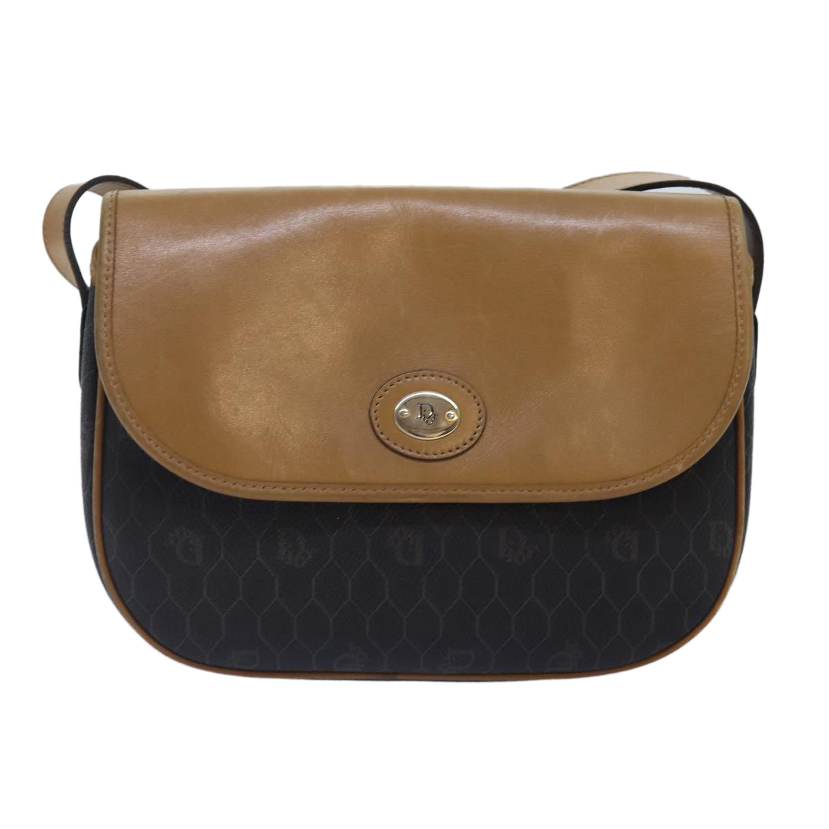 Christian Dior Honeycomb Canvas Shoulder Bag PVC Leather Black Gold Auth yk14590