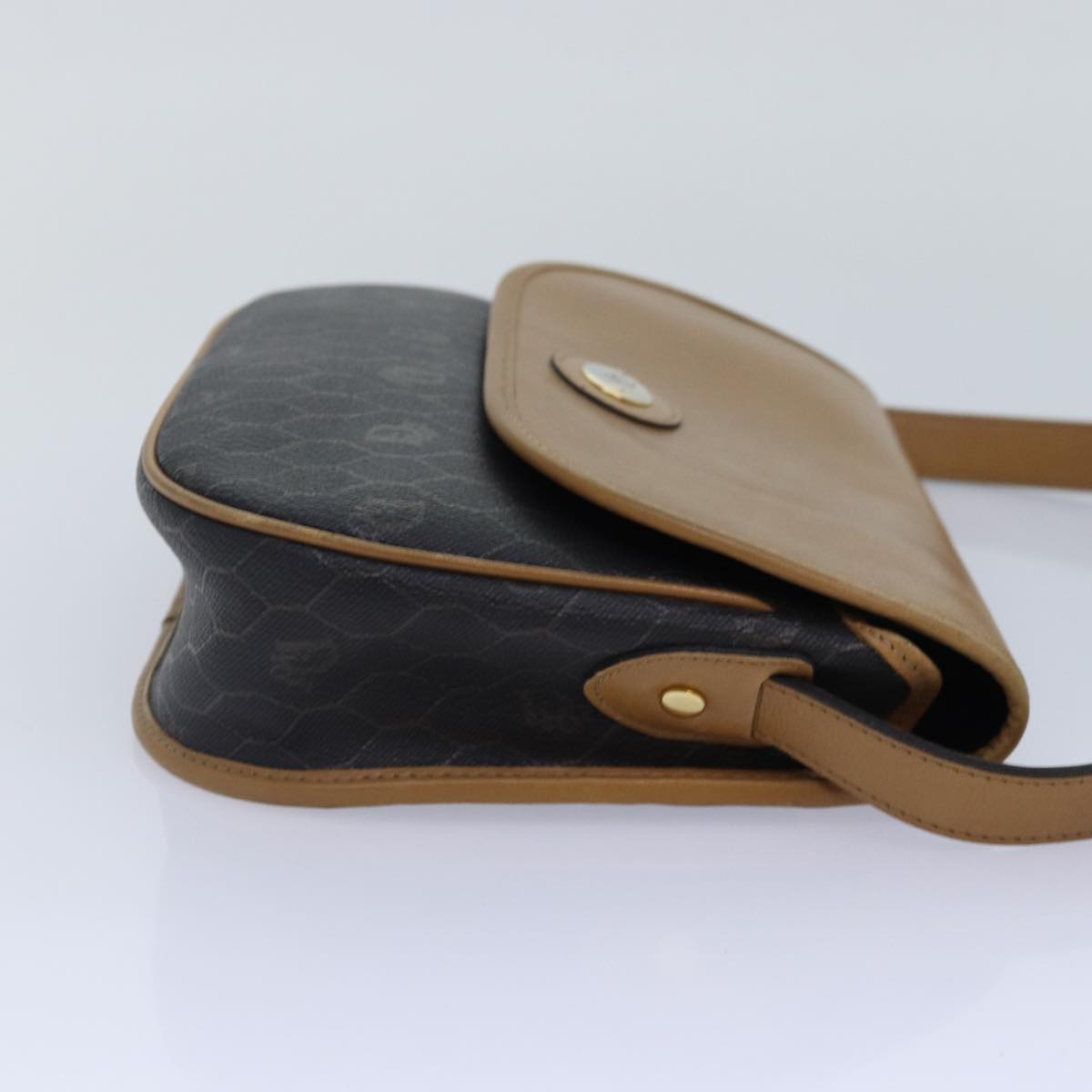 Christian Dior Honeycomb Canvas Shoulder Bag PVC Leather Black Gold Auth yk14590