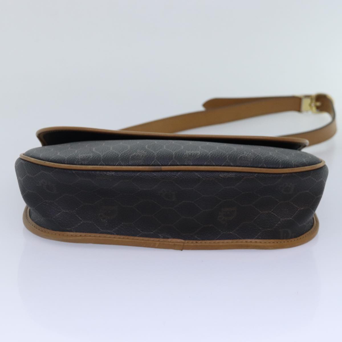 Christian Dior Honeycomb Canvas Shoulder Bag PVC Leather Black Gold Auth yk14590