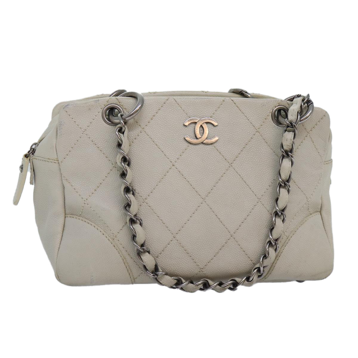 CHANEL Matelasse Chain Shoulder Bag Calf Skin White Silver CC Auth yk14601