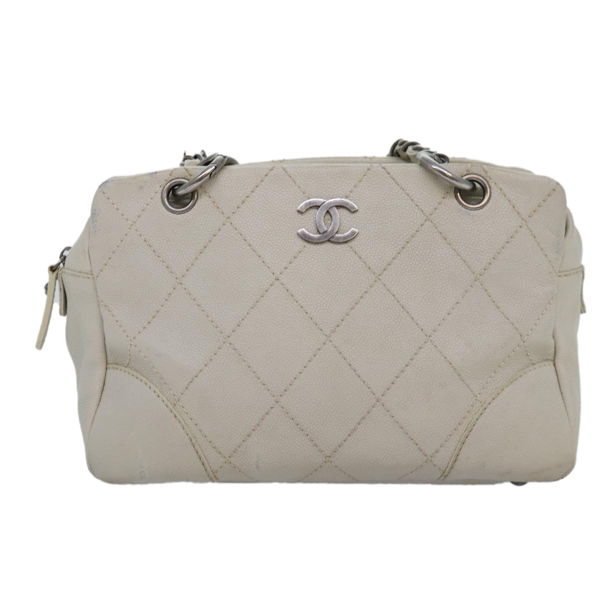 CHANEL Matelasse Chain Shoulder Bag Calf Skin White Silver CC Auth yk14601