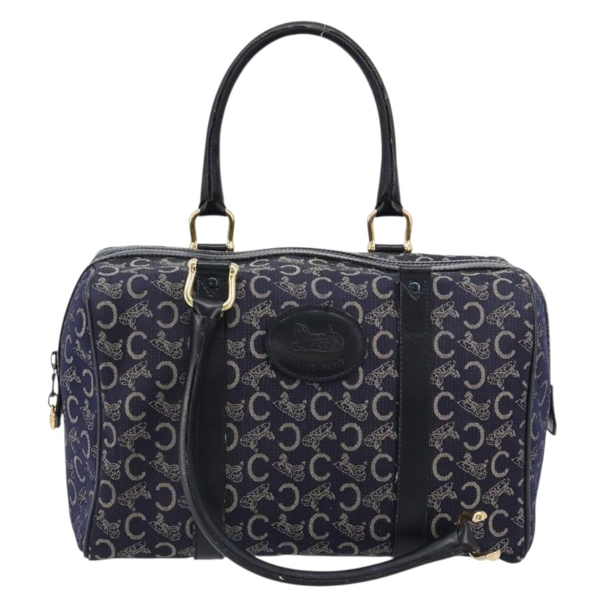 CELINE C Sulky Boston Bag Canvas Leather Navy Gold Auth yk14797