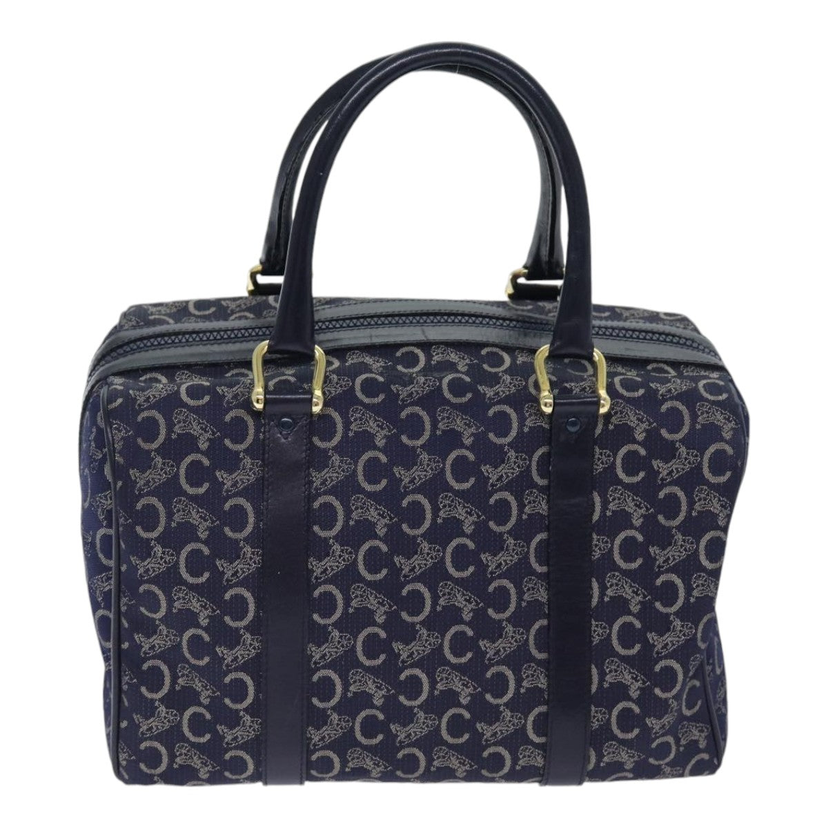 CELINE C Sulky Boston Bag Canvas Leather Navy Gold Auth yk14797