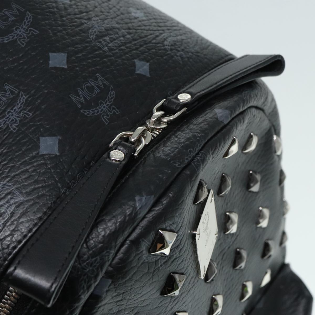 MCM Vicetos Logogram Studs Backpack PVC Black Silver Auth yk14954