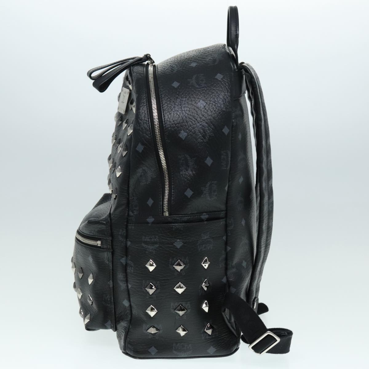 MCM Vicetos Logogram Studs Backpack PVC Black Silver Auth yk14954
