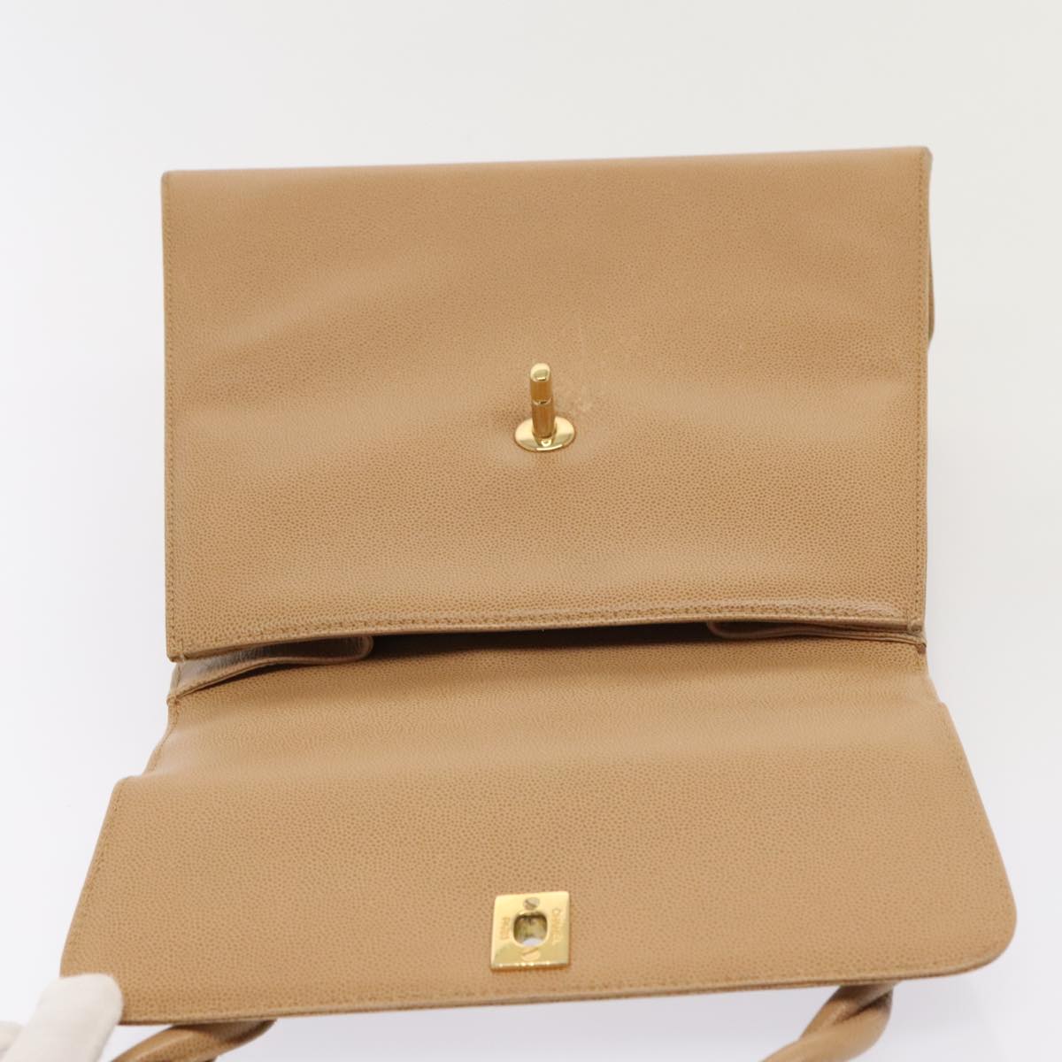 CHANEL Turn Lock Shoulder Bag Caviar Skin Beige Gold CC Auth yk14960V