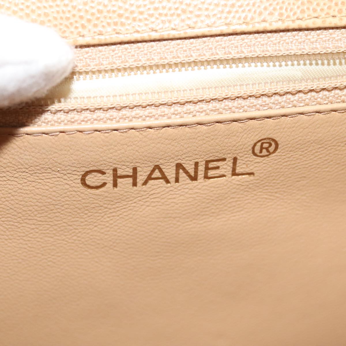 CHANEL Turn Lock Shoulder Bag Caviar Skin Beige Gold CC Auth yk14960V