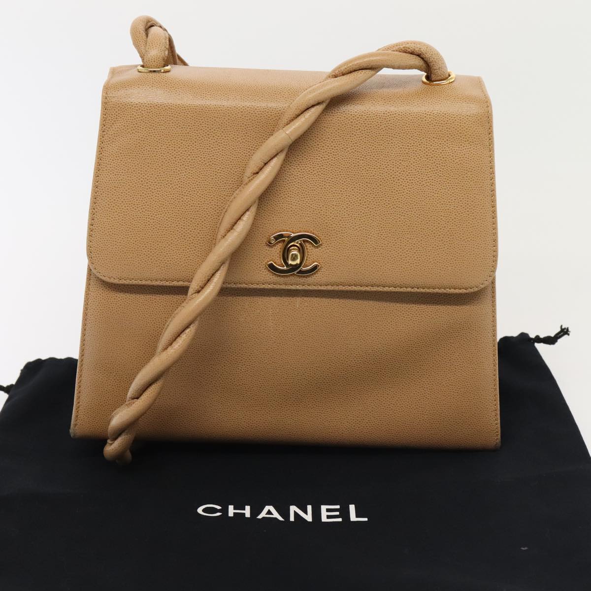 CHANEL Turn Lock Shoulder Bag Caviar Skin Beige Gold CC Auth yk14960V