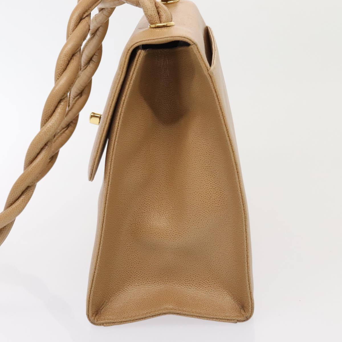 CHANEL Turn Lock Shoulder Bag Caviar Skin Beige Gold CC Auth yk14960V