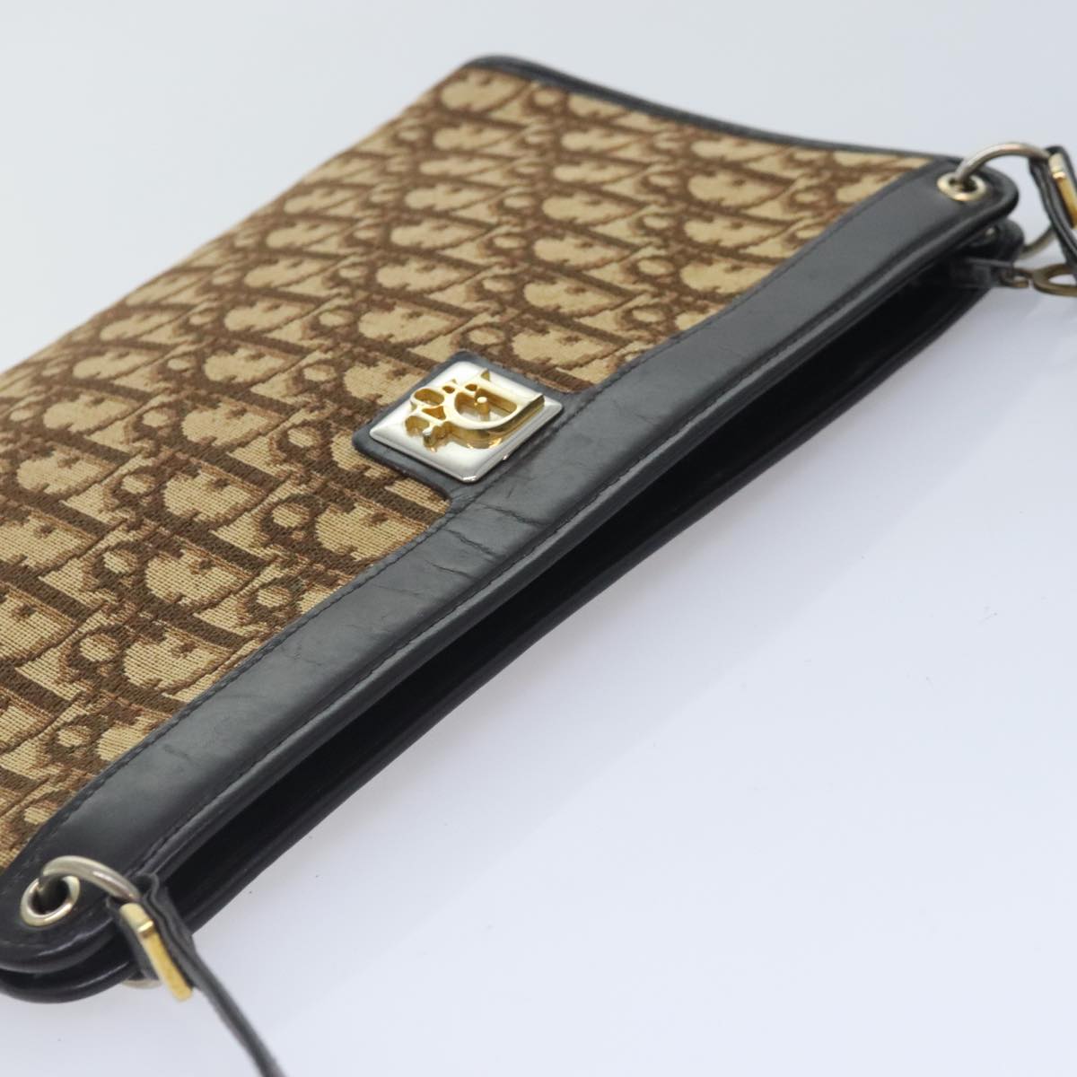 Christian Dior Trotter Canvas Shoulder Bag Brown Gold Auth yk15090