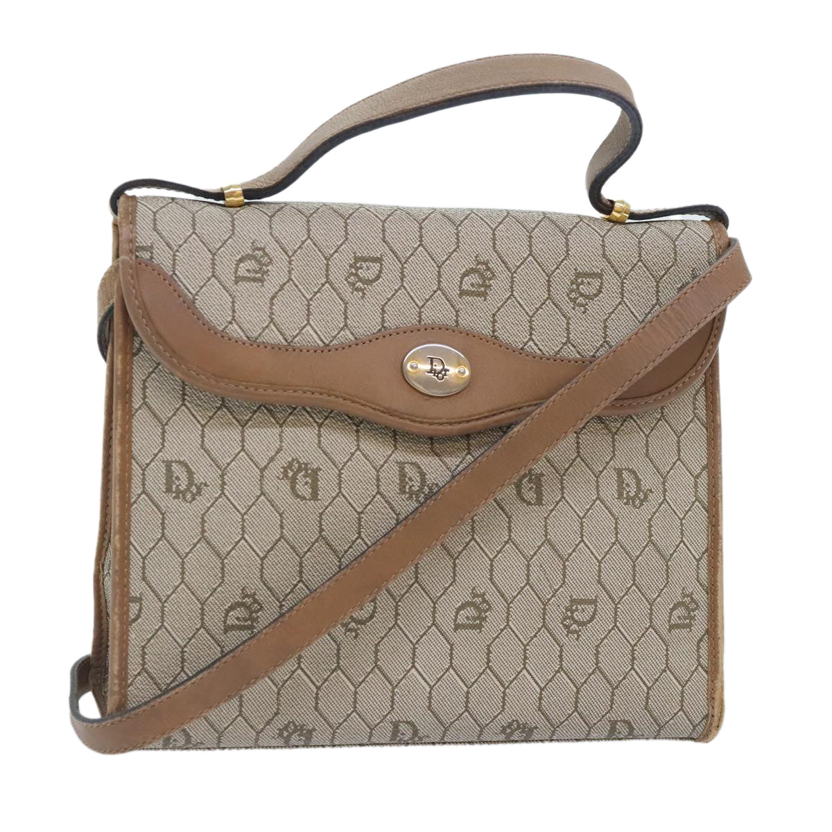 Christian Dior Honeycomb Canvas Bag PVC Leather 2way Beige Gold Auth yk15164