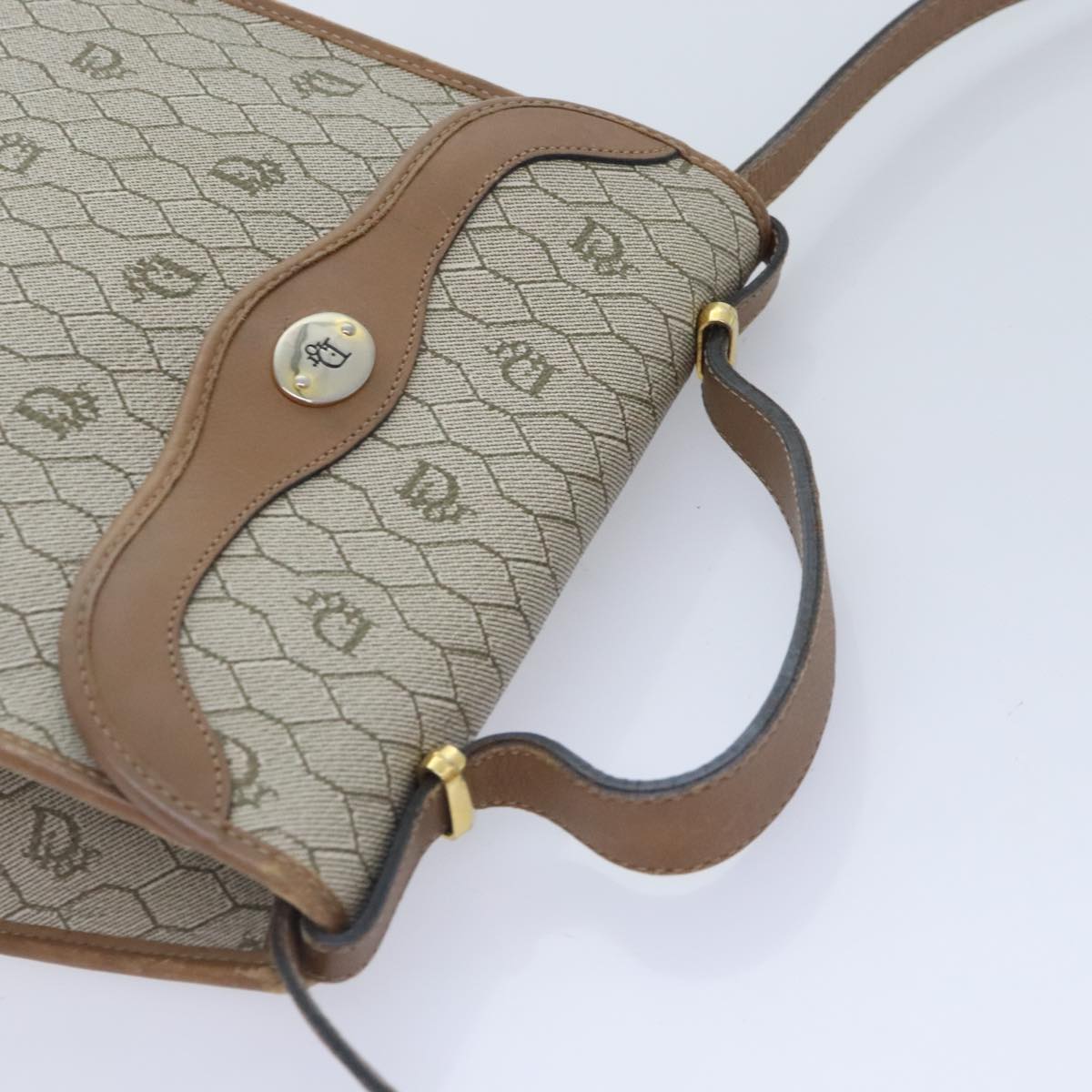 Christian Dior Honeycomb Canvas Bag PVC Leather 2way Beige Gold Auth yk15164