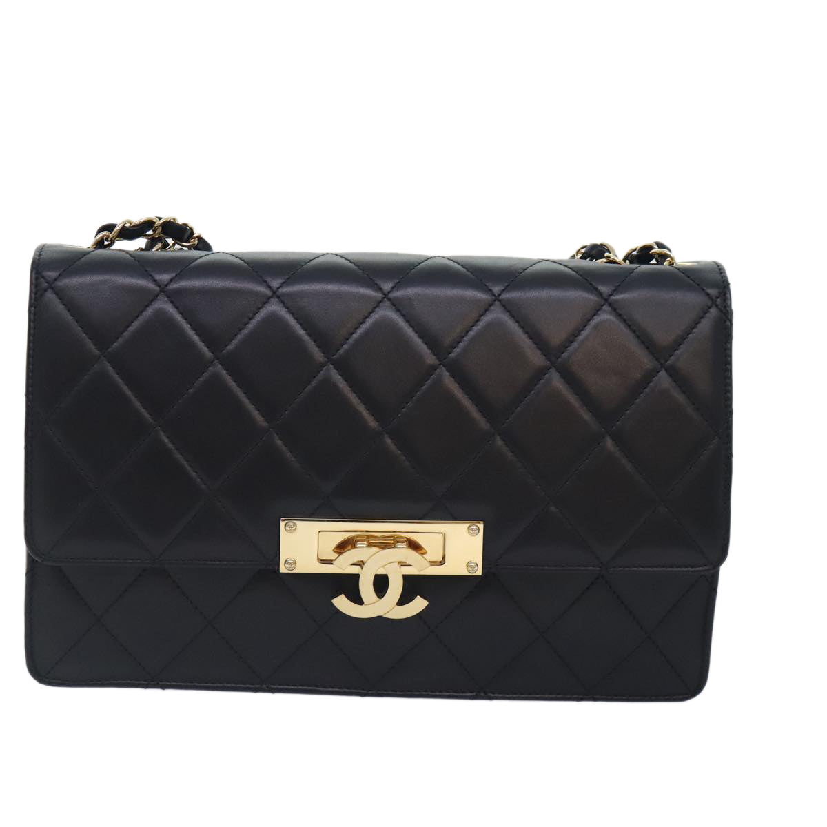 CHANEL Matelasse COCO Mark Chain Bag Lamb Skin Black Gold CC Auth yk15214AV