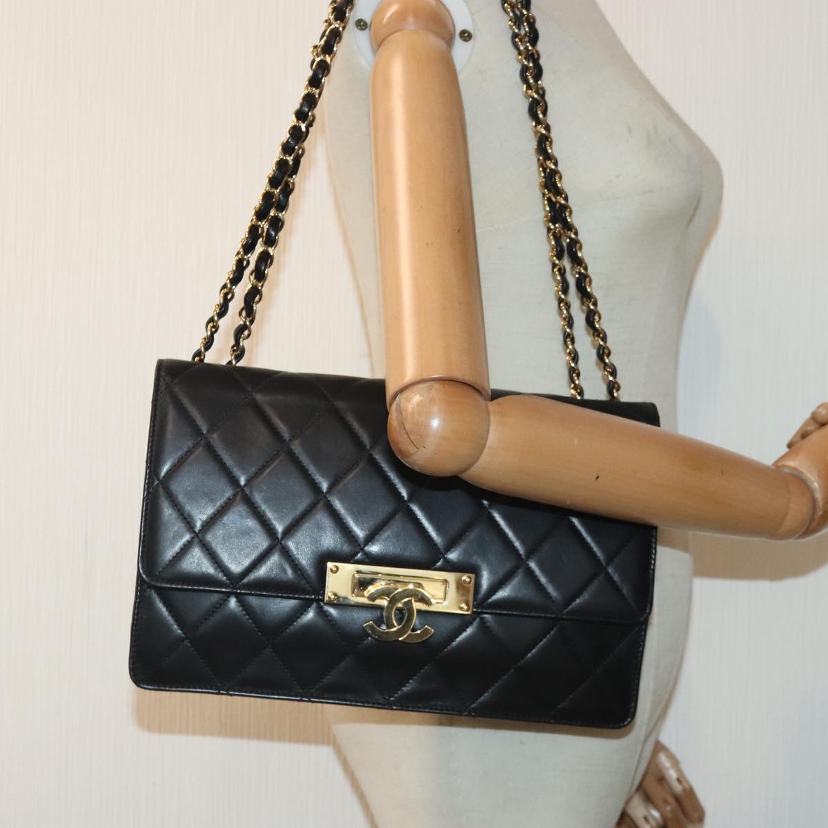 CHANEL Matelasse COCO Mark Chain Bag Lamb Skin Black Gold CC Auth yk15214AV