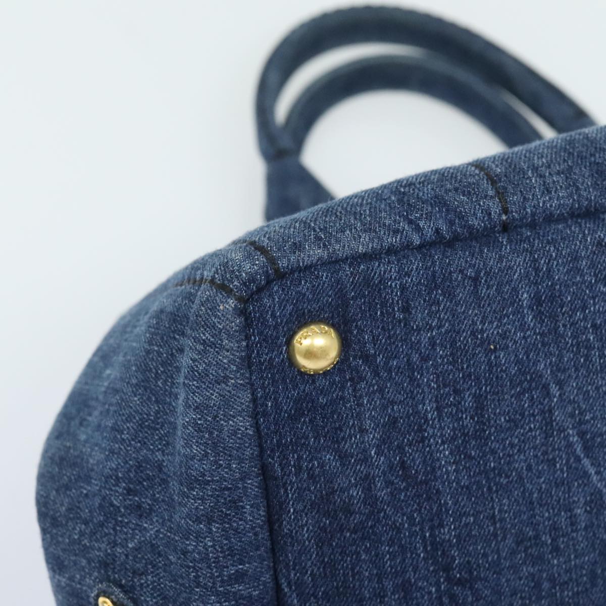 PRADA Canapa MM Hand Bag Denim Blue Gold Auth yk15254V
