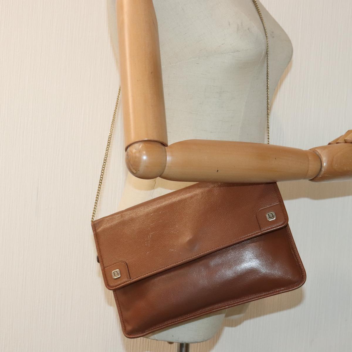 Christian Dior Chain Shoulder Bag Leather Brown Auth yk15370