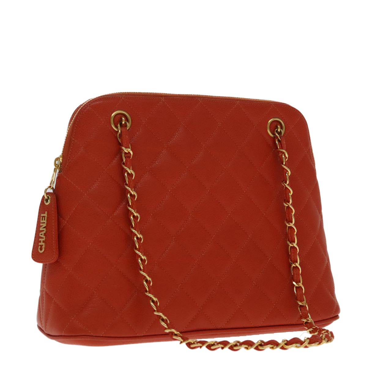 CHANEL Matelasse Chain Shoulder Bag Caviar Skin Orange Gold CC Auth yk15664V