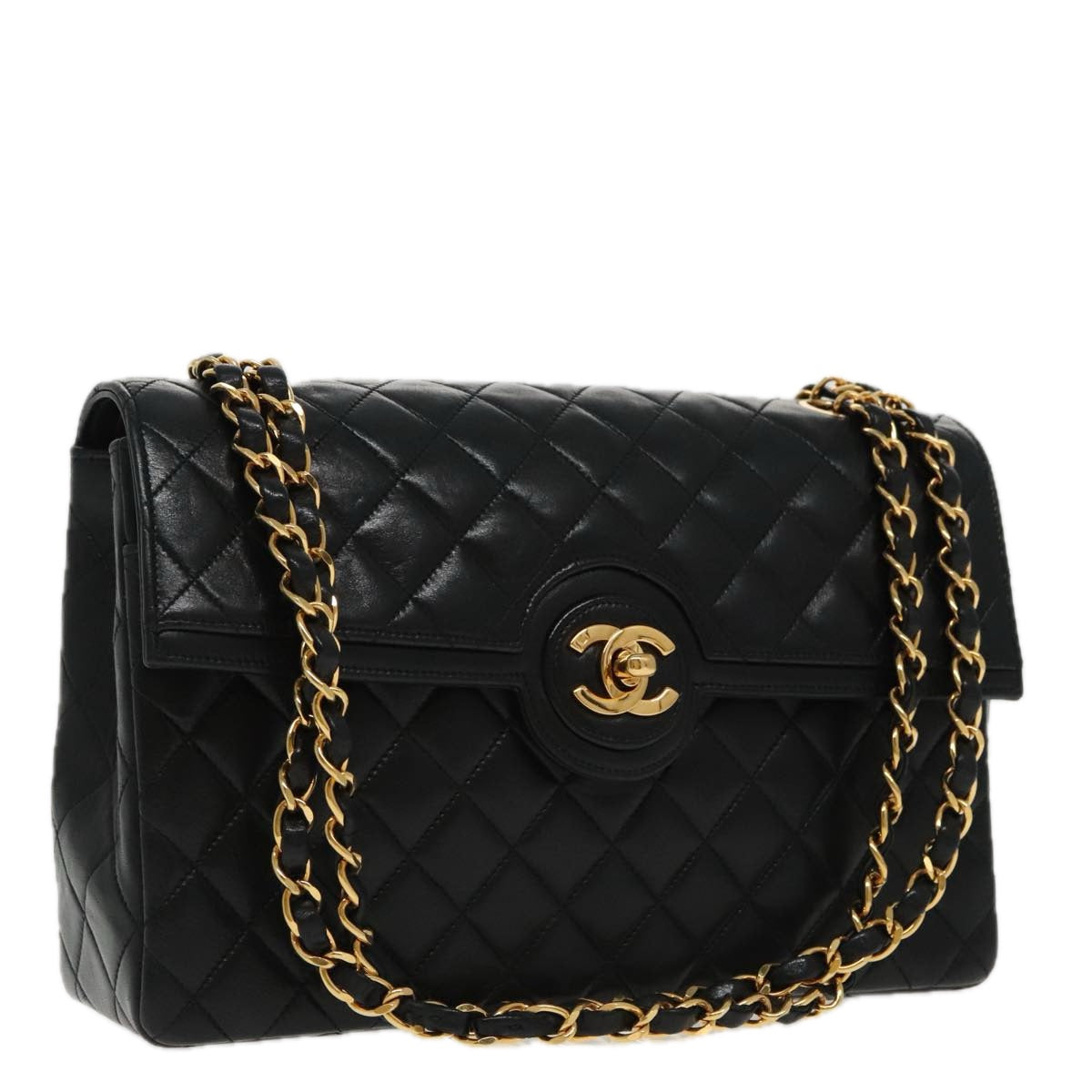 CHANEL Matelasse Turn Lock Chain Hand Bag Lamb Skin Black Gold CC Auth yk15738AV