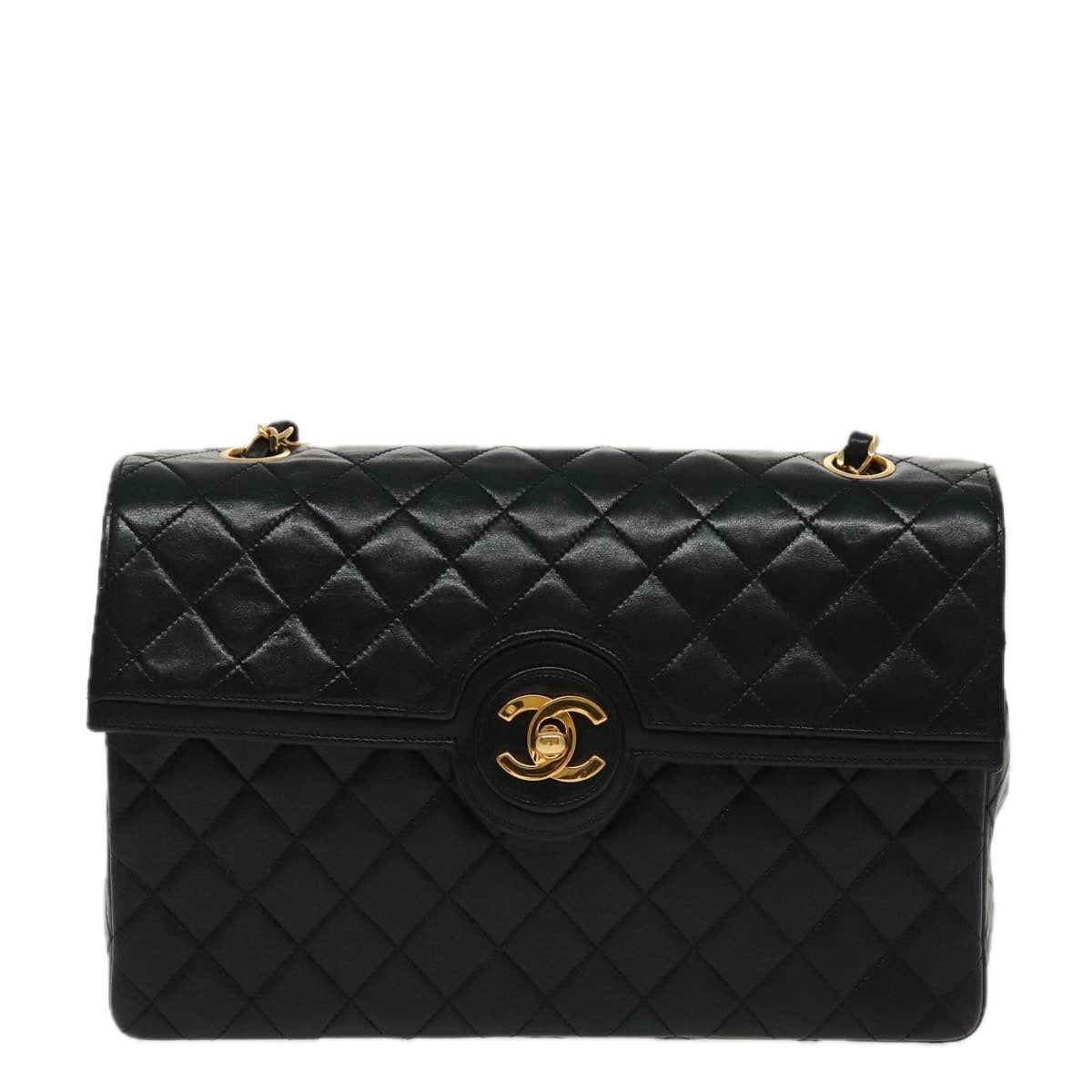 CHANEL Matelasse Turn Lock Chain Hand Bag Lamb Skin Black Gold CC Auth yk15738AV