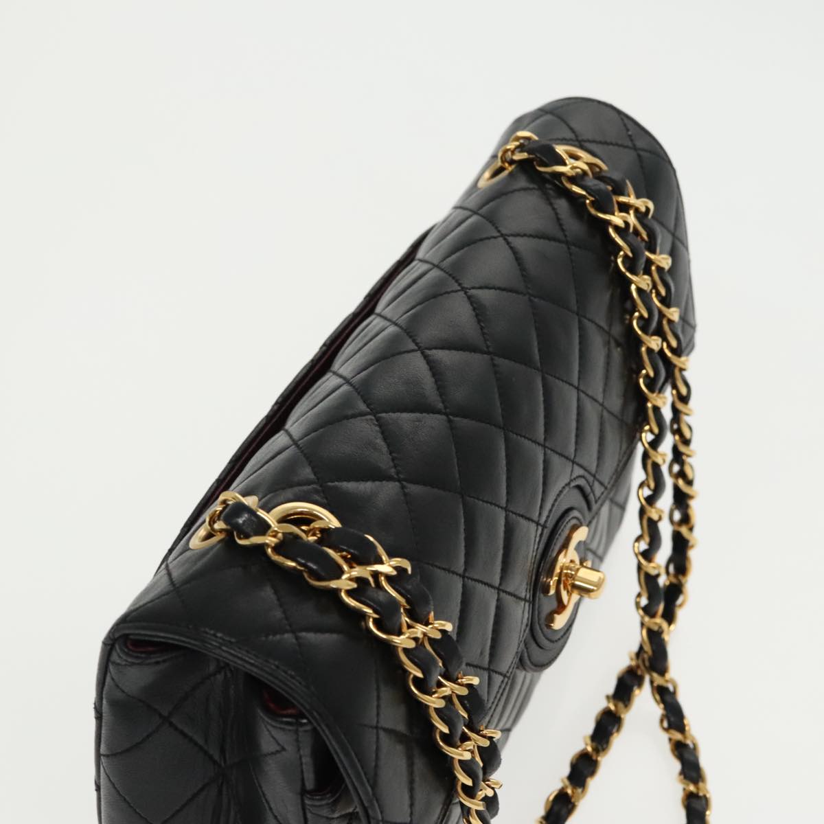 CHANEL Matelasse Turn Lock Chain Hand Bag Lamb Skin Black Gold CC Auth yk15738AV