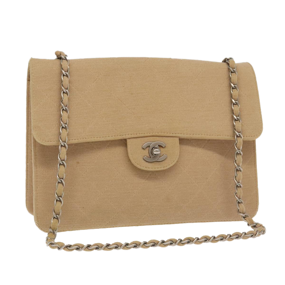 CHANEL Matelasse Chain Shoulder Bag Cotton Beige CC Auth yk15878