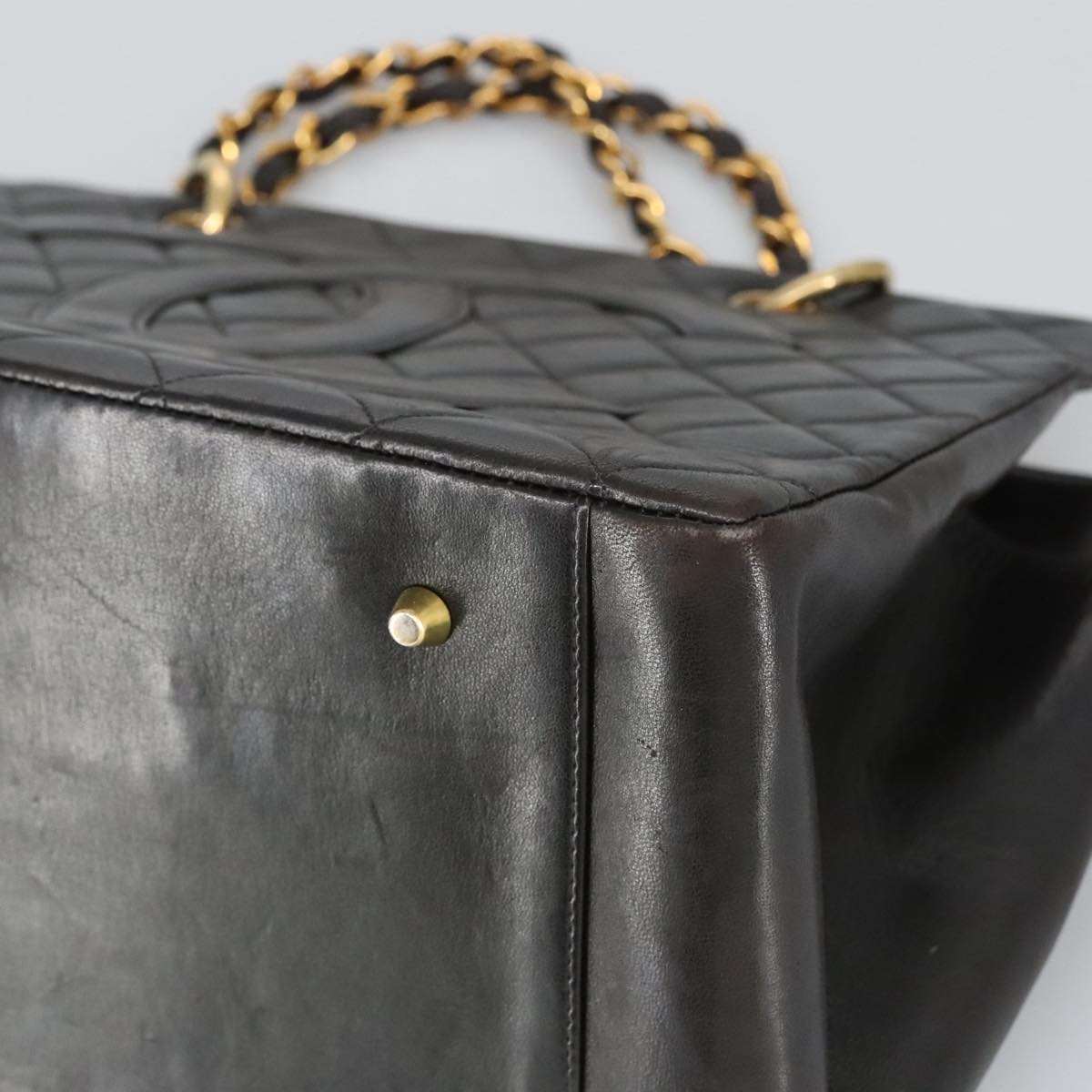 CHANEL Matelasse Chain Hand Bag Lamb Skin Black Gold CC Auth yk15908V