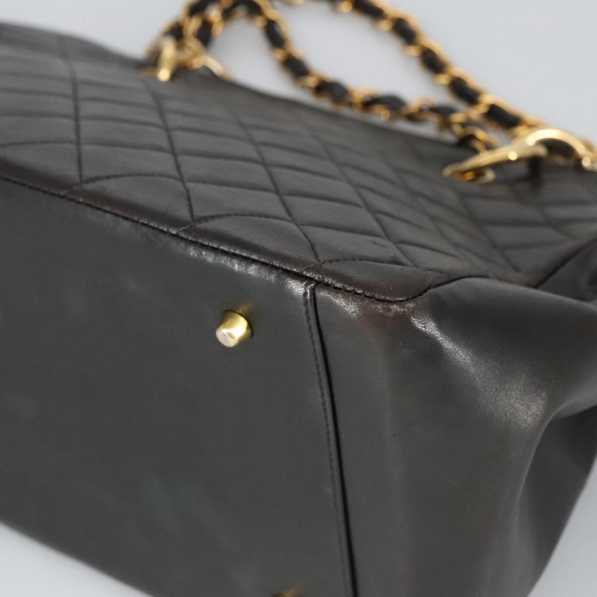 CHANEL Matelasse Chain Hand Bag Lamb Skin Black Gold CC Auth yk15908V