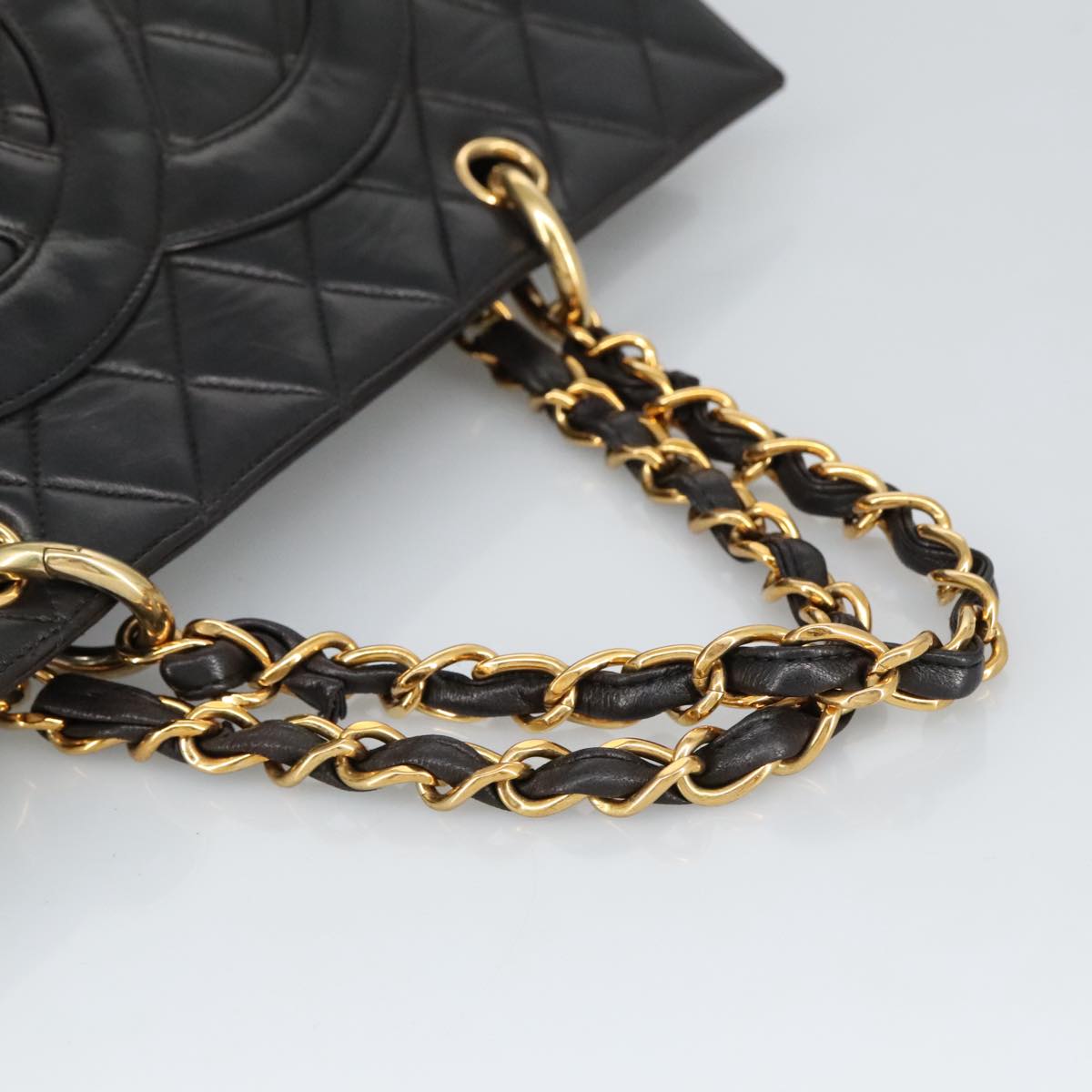 CHANEL Matelasse Chain Hand Bag Lamb Skin Black Gold CC Auth yk15908V
