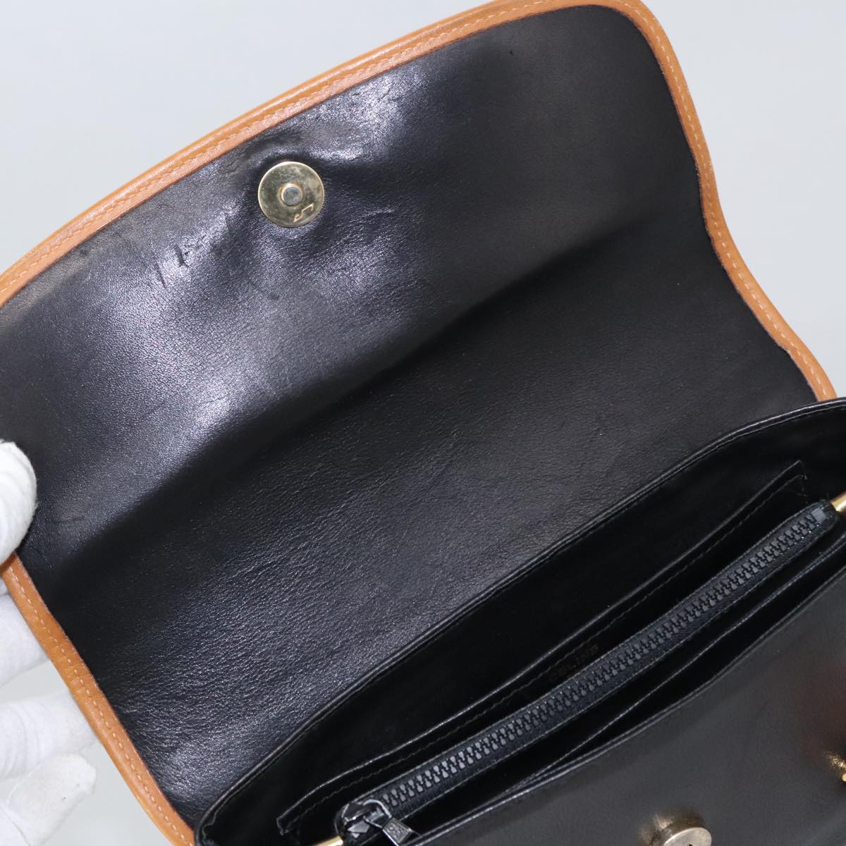CELINE Hand Bag Leather Black Brown Gold Auth yk15986