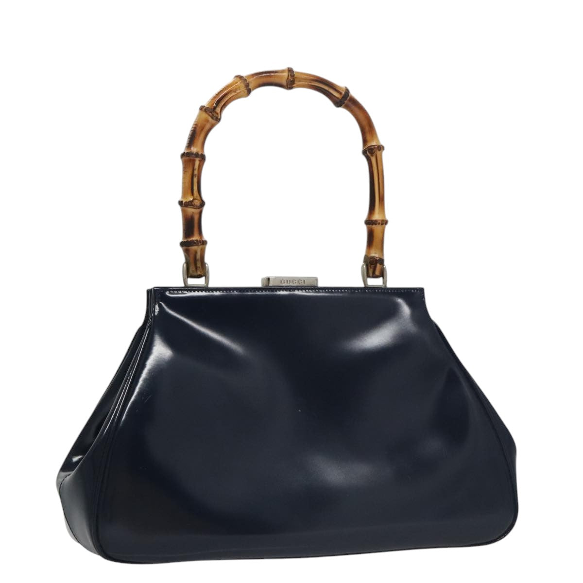 GUCCI Bamboo Hand Bag Patent leather Navy 000 781 0296 Auth yk16141