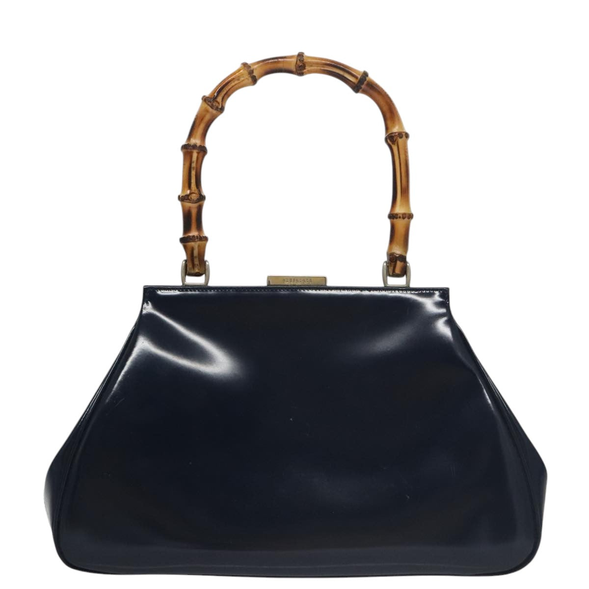 GUCCI Bamboo Hand Bag Patent leather Navy 000 781 0296 Auth yk16141