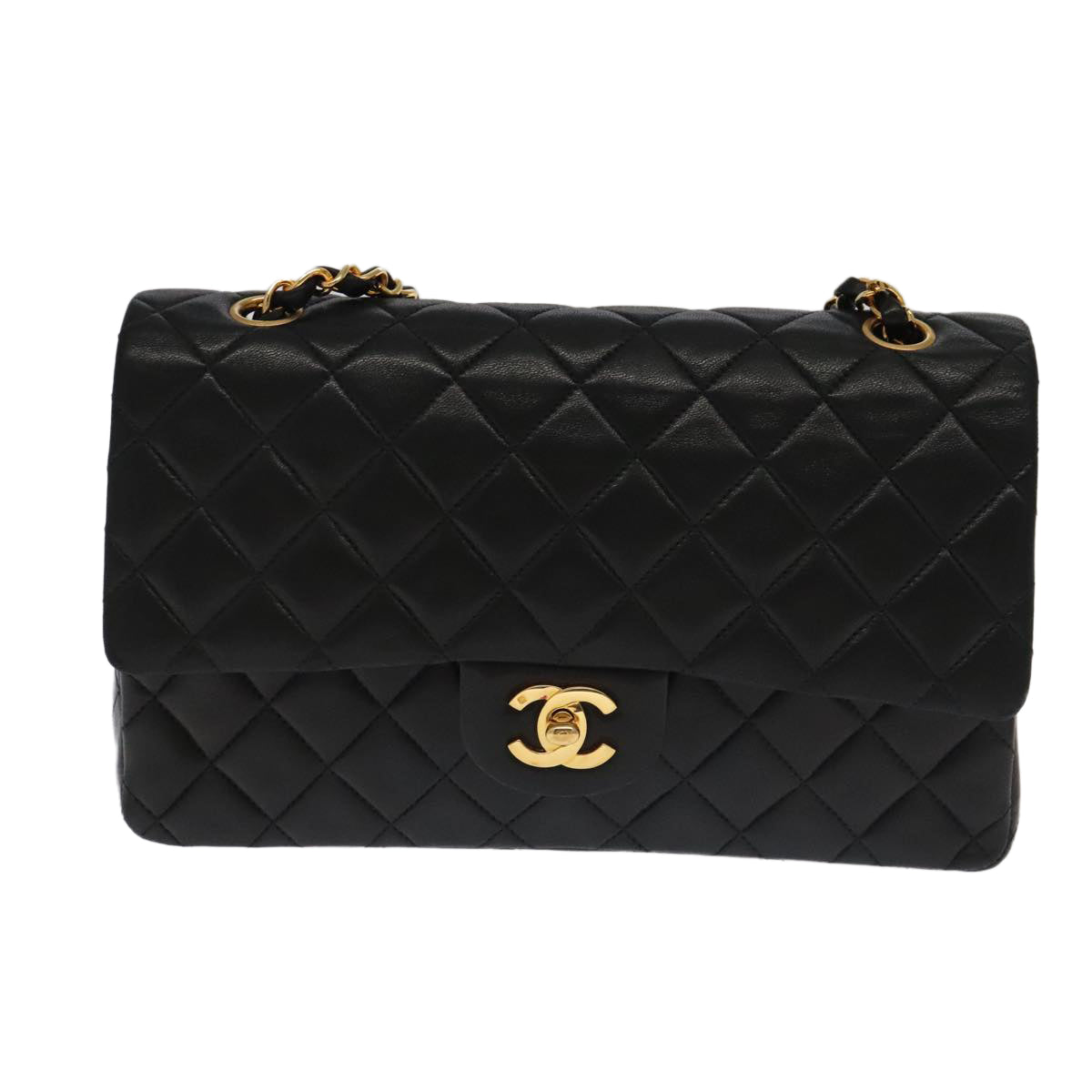 CHANEL Matelasse 25 Double Flap Hand Bag Lamb Skin Black Gold CC Auth yk16193AV